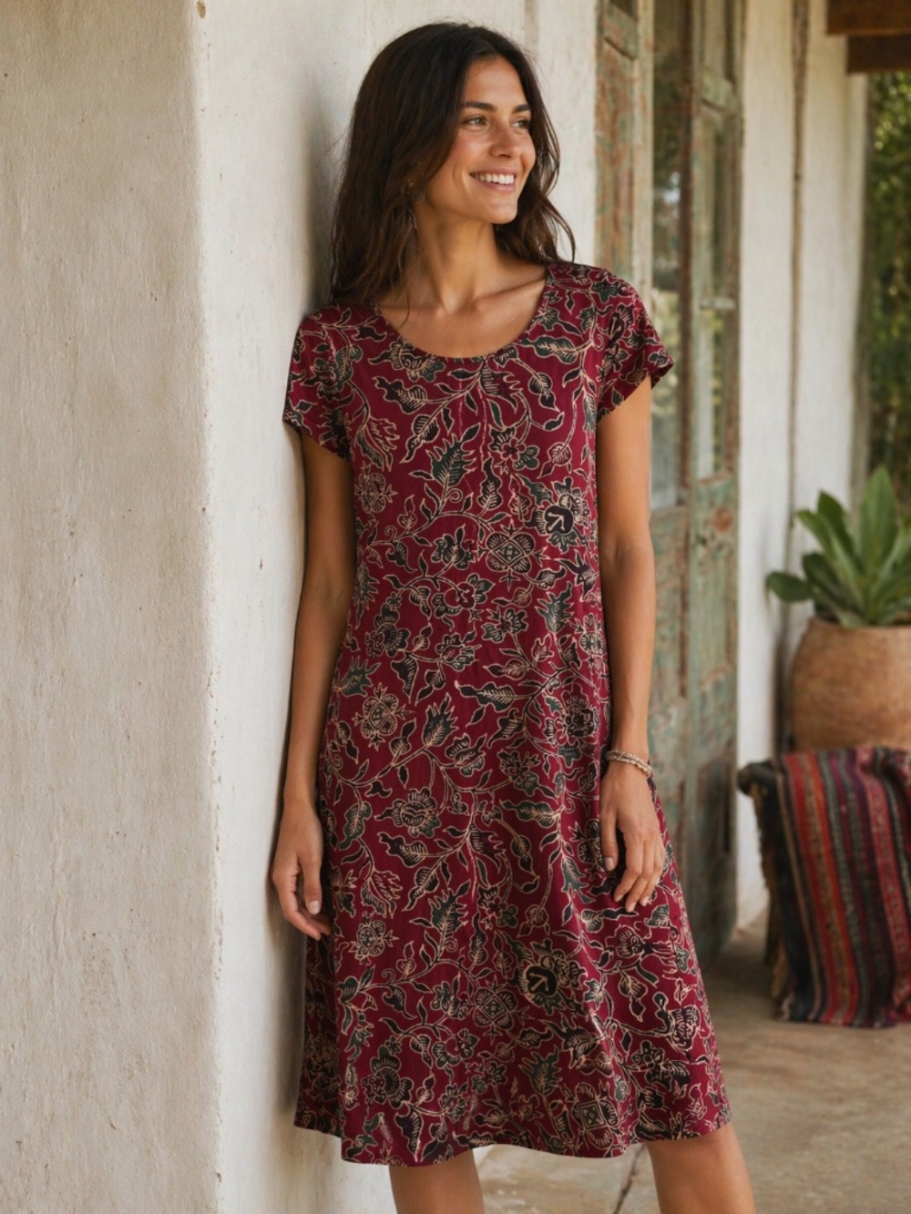 Peruvian Connection Block Print Dress Floral Cotton Stretch Boho Midi Medium